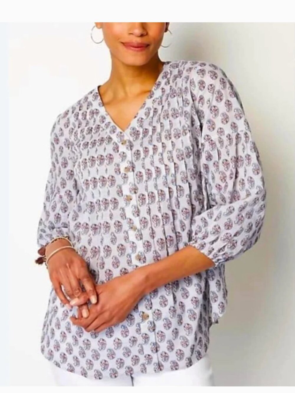 J. Jill Madeira Pin tuck Cotton Paisley Button Up Blouse Top 3/4 Sleeve 1X